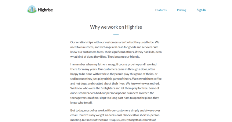 About page of #9 Best Customer Relationship Management Application: Highrise CRM