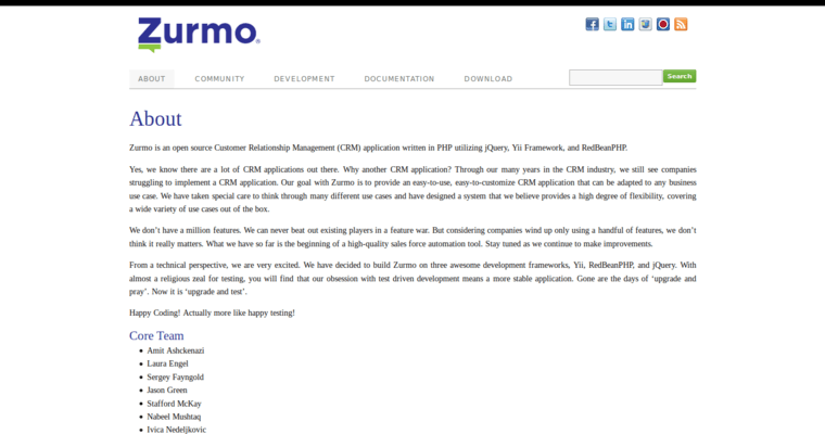 About page of #20 Best Customer Relationship Management Program: Zurmo