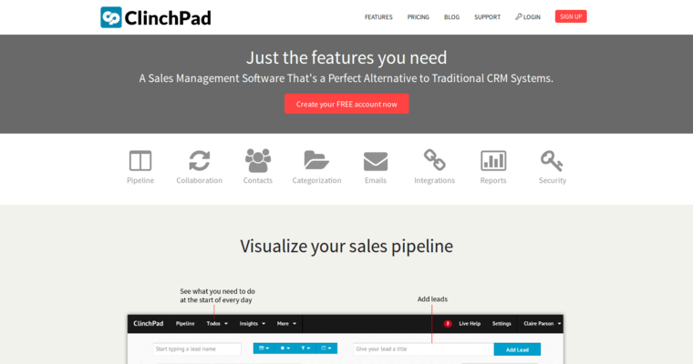 Features page of #10 Top CRM Applications: Clinchpad