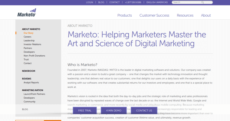 About page of #11 Top Cloud CRM Software: Marketo