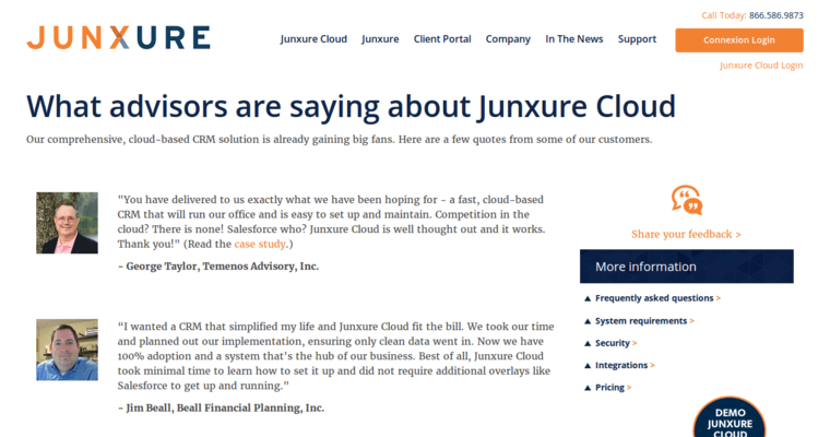 Testimonials page of #2 Best Financial Advisor CRM Software: Junxure