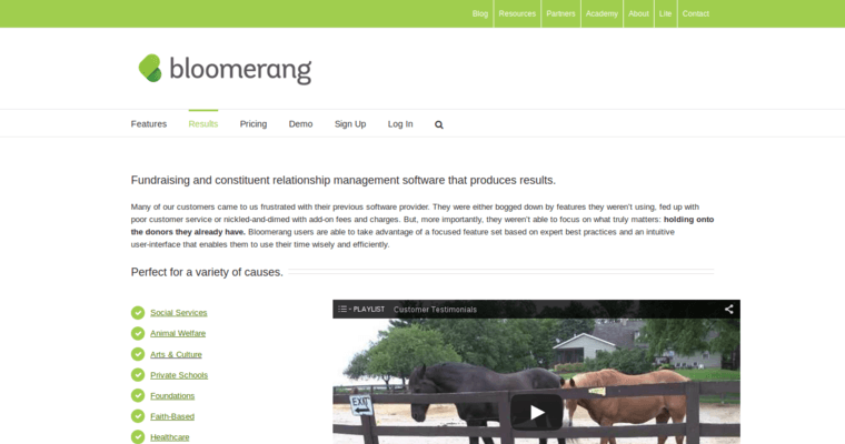 Results page of #3 Best Non Profit CRM Software: Bloomerang