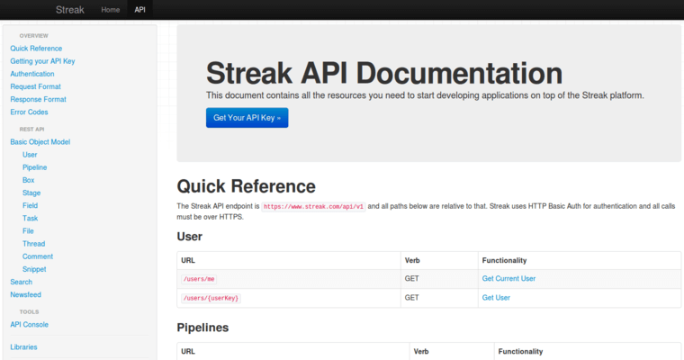 Api page of #8 Best Customer Relationship Management: Streak